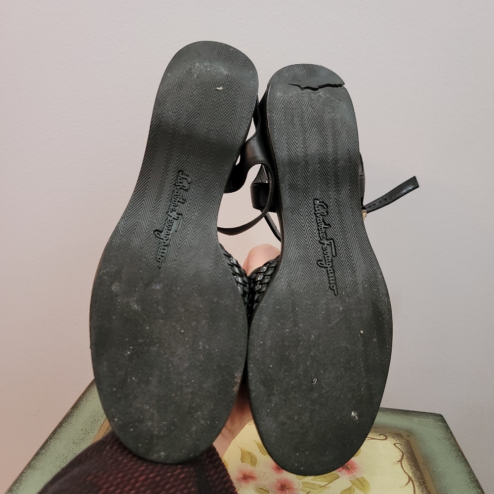 Salvatore Ferragamo Black Woven Leather 1 Inch Wedge Sandal Size 7 1/2 - Picture 7 of 12